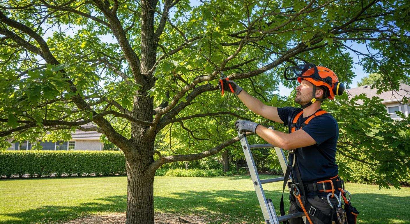 Professional tree pruner using pruning shears on a healthy tree, demonstrating essential techniques for maintaining plant health and structure in a landscaped yard.
