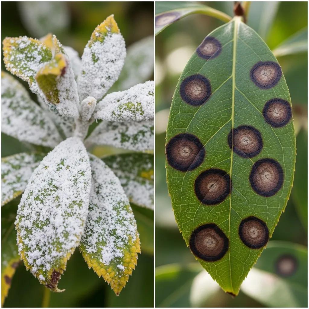 Close-up of shrub leaves exhibiting symptoms of powdery mildew with a white, powdery coating on the left and dark, circular lesions indicating leaf spot disease on the right.