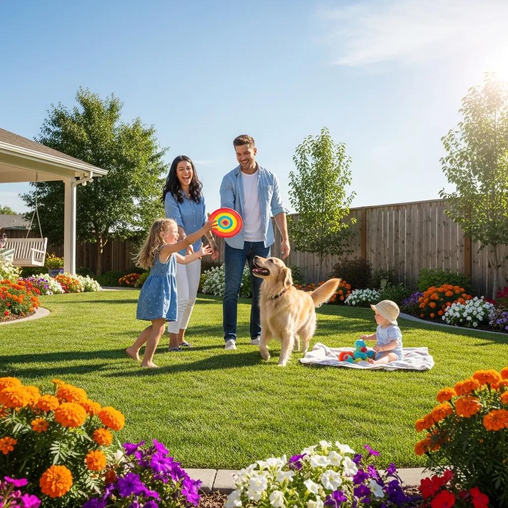 Family enjoying a safe, tick-free lawn in Derry, playing with a dog and colorful frisbee, surrounded by vibrant flowers and a child playing nearby, highlighting the importance of lawn care and tick prevention.