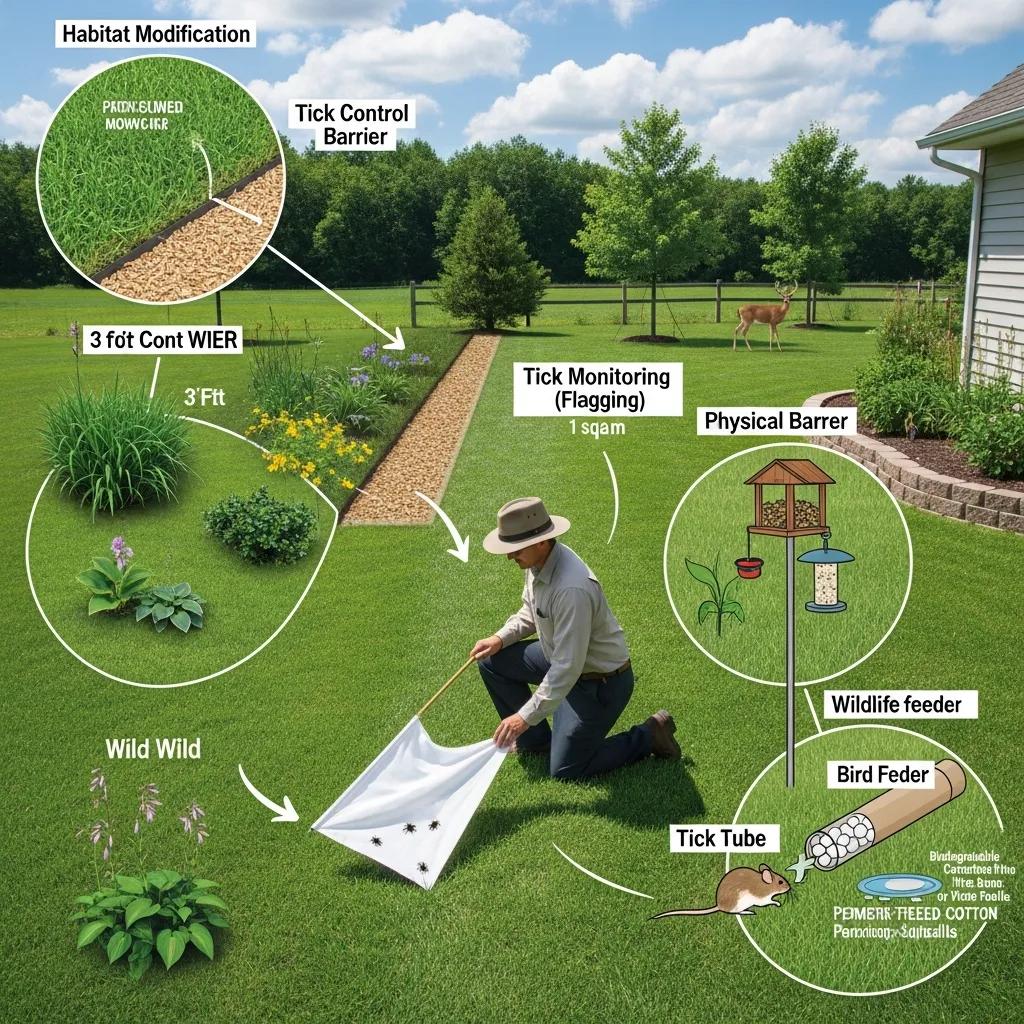 Illustration of integrated pest management for tick control, featuring a healthy lawn, habitat modification techniques, tick monitoring methods, and preventive measures like physical barriers and wildlife feeders.