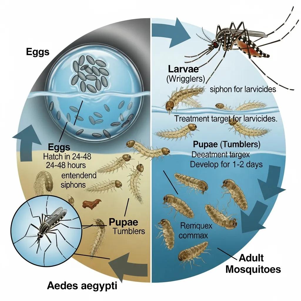 Illustration of the mosquito life cycle stages, including eggs, larvae (wigglers), pupae (tumblers), and adult mosquitoes, highlighting the Aedes aegypti species, relevant for mosquito control and pest management strategies.