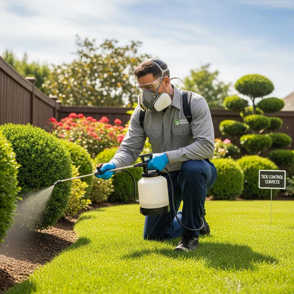 Pest control technician applying non-toxic insecticide for effective tick control in a residential yard, emphasizing safety and professional services.