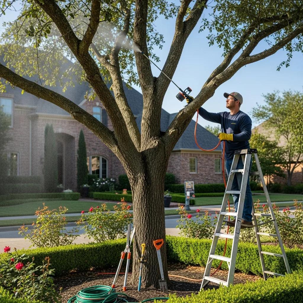 Professional arborist applying treatment to a tree using a sprayer while on a ladder, surrounded by gardening tools, illustrating effective lawn care services for plant health in New Hampshire.