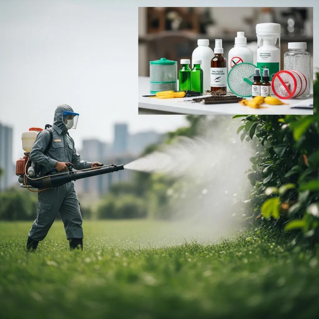 Technician applying mosquito control methods with specialized equipment, using non-toxic products in a residential outdoor setting, showcasing safety protocols and environmental considerations.